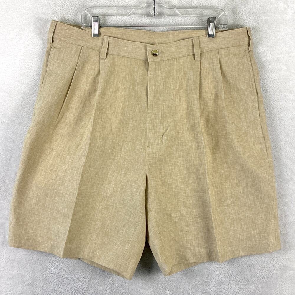 VTG Jos A Bank Shorts Mens 38 Beige Pleated Linen Preppy Luxury Summer Old Money